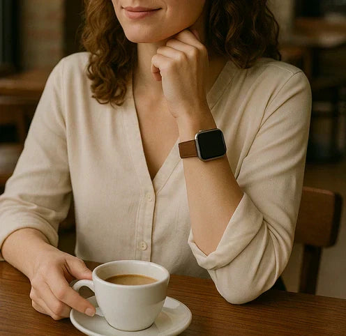 A woman sitting in a café wearing a leather Fitbit Versa strap, illustrating how Fitbit straps differ from Apple Watch bands in daily wear.