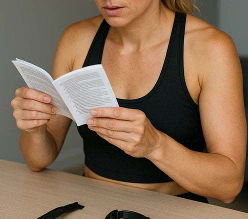 Woman reading a product manual with a Garmin watch and strap on the table, reviewing warranty information.