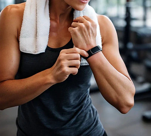 Person adjusting their Fitbit band during a gym session, who is considering switching to a a nickel-free strap option