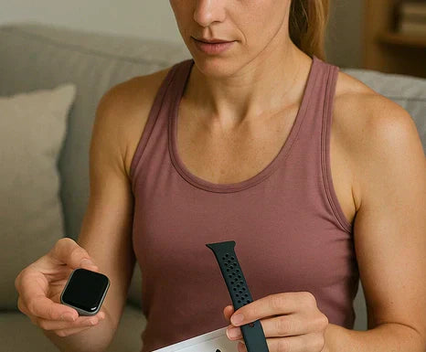 A woman unboxing a new Apple Watch and strap at home, showing what is included in the box.