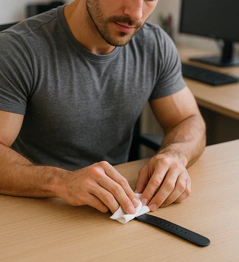 Person gently wiping an Apple Watch leather strap with a soft cloth during cleaning.