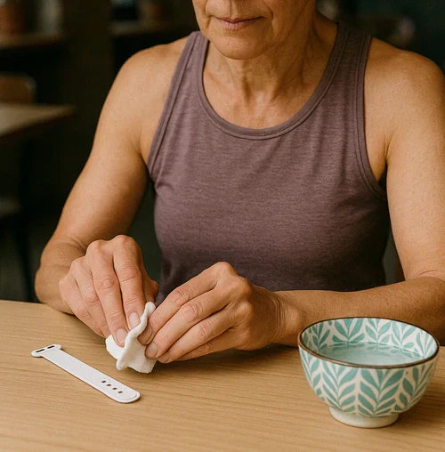 Person cleaning a white Apple Watch strap at a table with a small bowl of water.