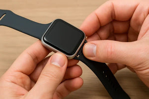 Person detaching an Apple Watch strap by pressing the release button during the fixing process.