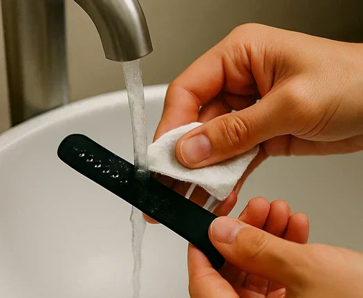 Person washing a black Apple Watch strap under a tap using a lint-free cloth