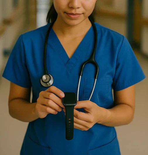 A nurse in NHS blue scrubs holding an Apple Watch with a standard strap, preparing to remove it before shift.