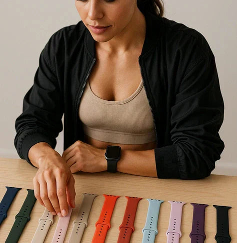 Woman comparing different Apple Watch strap styles and sizes to find the best fit.