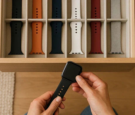 Apple Watch bands neatly organised in a drawer with dividers