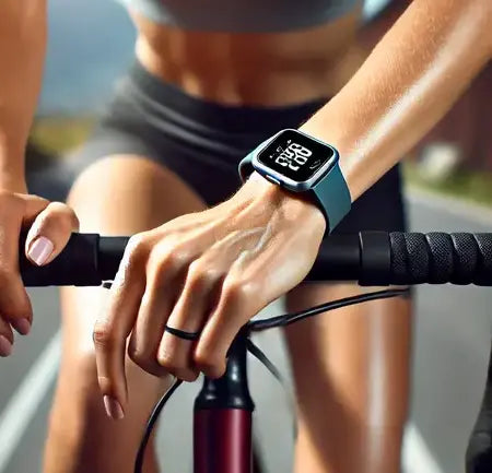 A sporty woman cycling outdoors while wearing a smartwatch with a breathable blue silicone strap. The lightweight, sweat-resistant band ensures a secure and comfortable fit, making it ideal for active lifestyles and endurance sports.