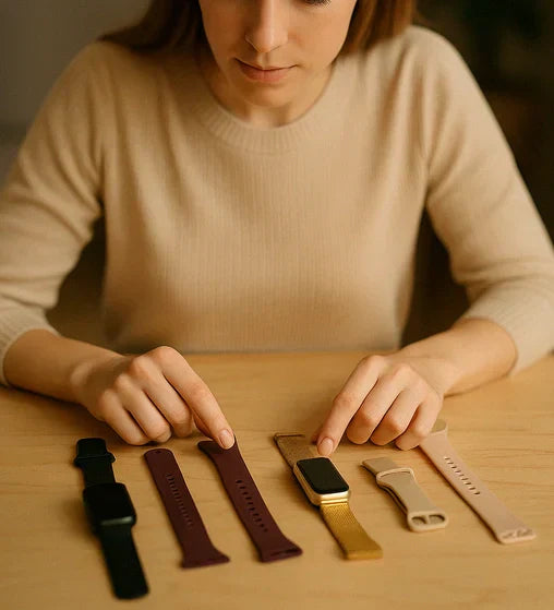 A woman comparing different Fitbit strap materials, including silicone, woven nylon, and sport bands laid out on a wooden table.