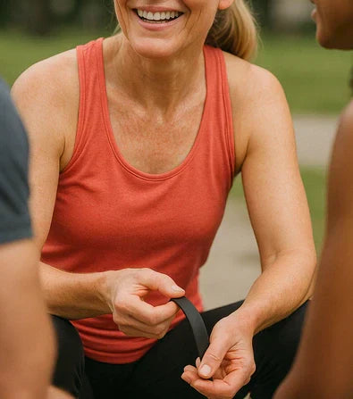 Person holding a fitness tracker while talking with friends after a workout session