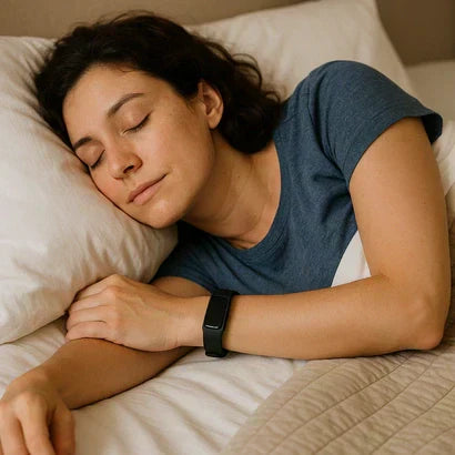 Woman peacefully sleeping on her side wearing a black Fitbit, showcasing comfort and fit for overnight sleep tracking.