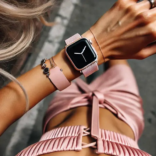 A fashionable woman wearing a pink Apple Watch band paired with delicate jewellery, styled for a chic and elegant casual look.
