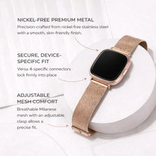 Rose gold Milanese mesh wristband presenting product benefits such as smooth metal finish and secure Versa 4 attachment.