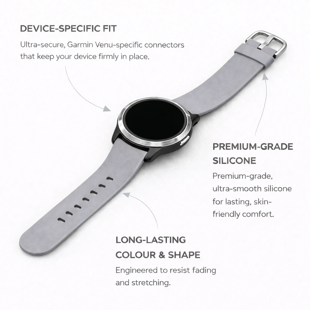 Grey silicone watch strap for Garmin Venu with secure device-specific connectors