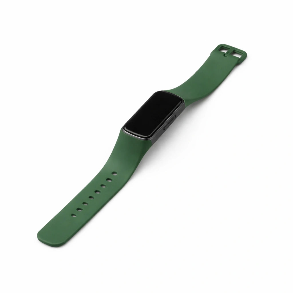Pine green silicone strap for Fitbit Charge 5 showing secure fit and durable design