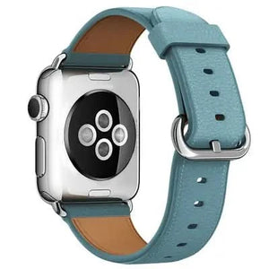 Smooth blue leather band designed for Apple Watch SE with classic buckle detail.