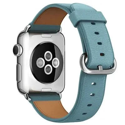 Smooth blue leather band designed for Apple Watch SE with classic buckle detail.