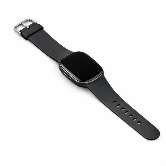 Black silicone watch strap for Fitbit Sense 2 shown in studio flatlay