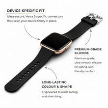 Black silicone Fitbit Versa 2 strap showing device-specific fit and premium-grade material