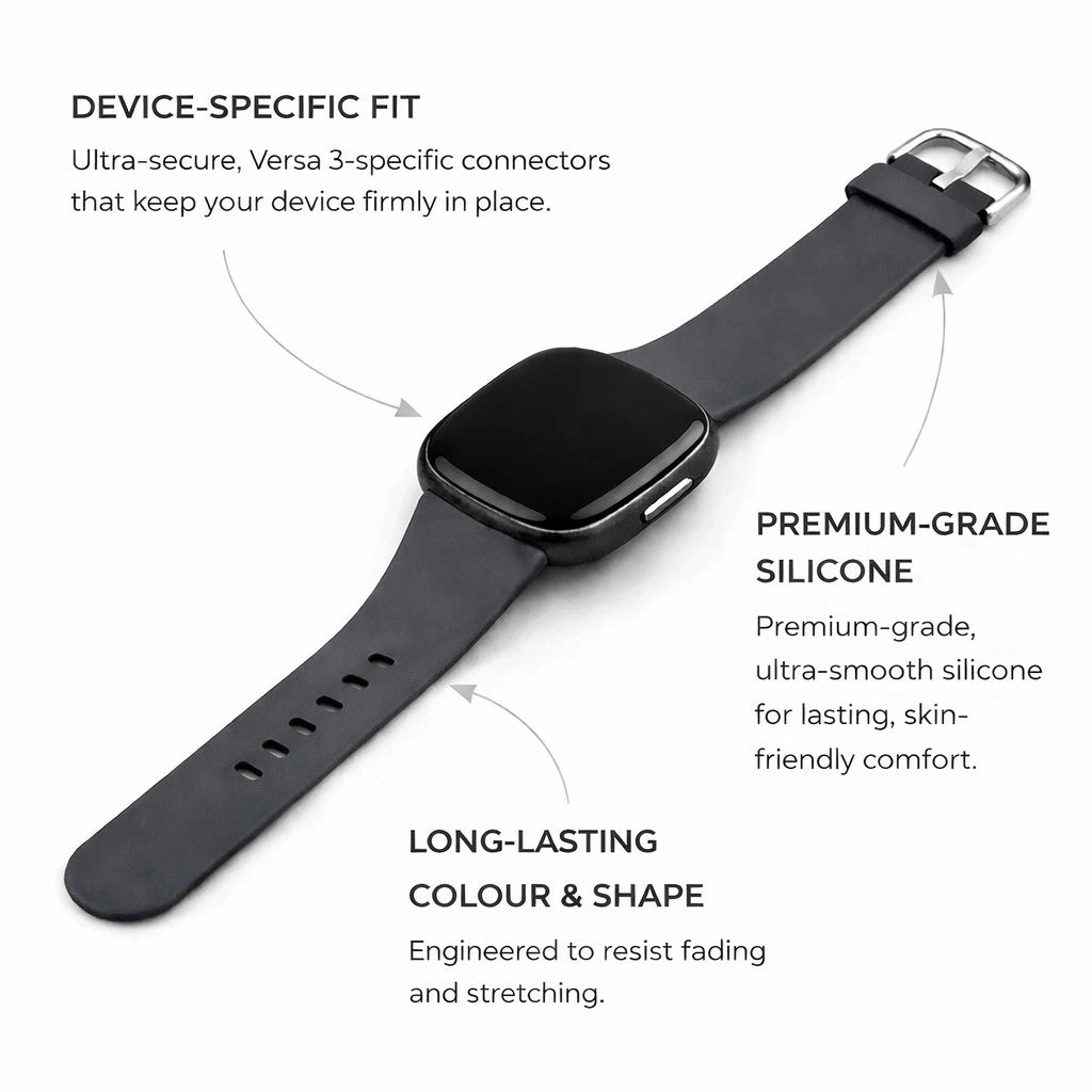 Black silicone Fitbit Versa 3 strap with device-specific connectors and premium-grade material