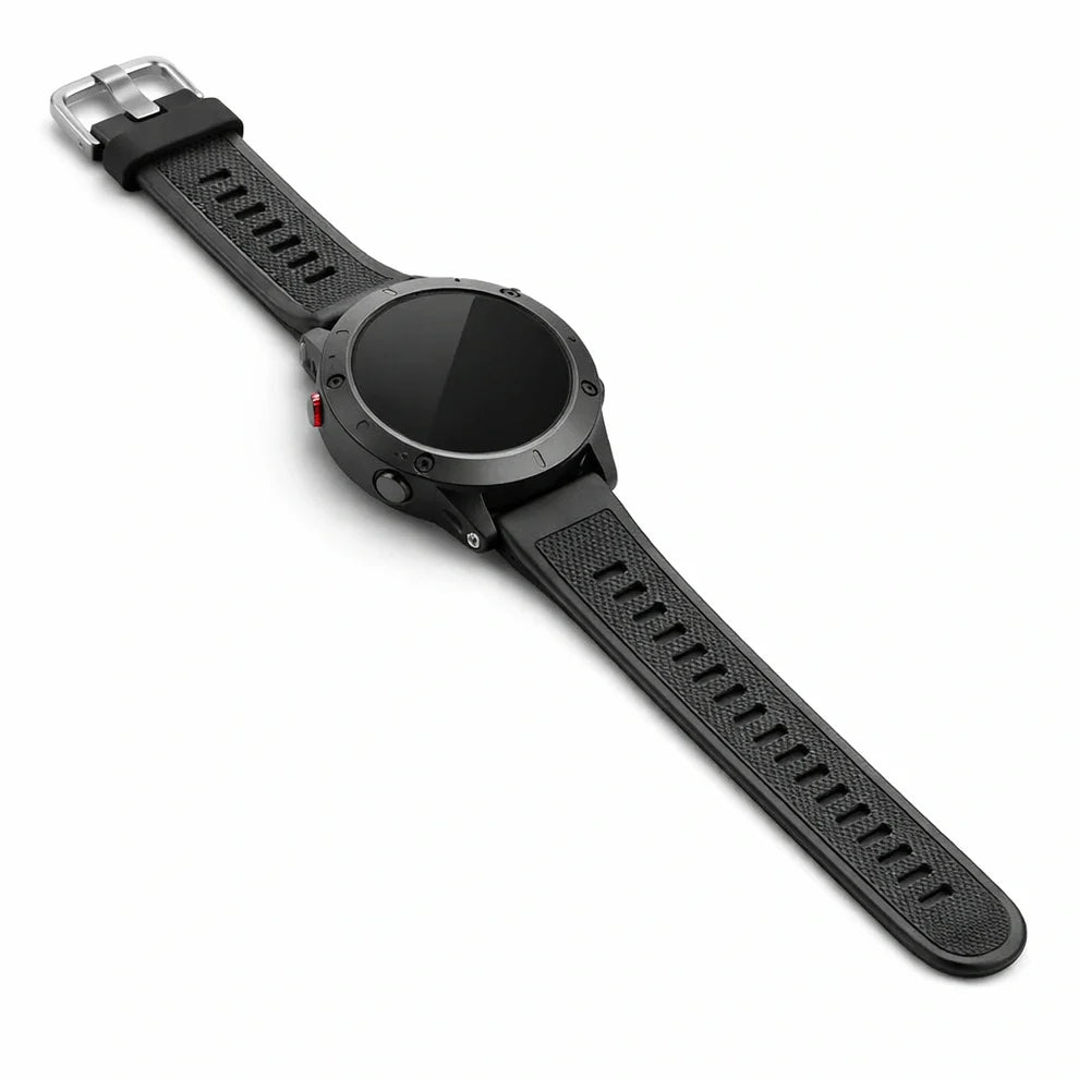 Black Garmin Forerunner 265 silicone watch strap replacement band with textured finish and secure buckle