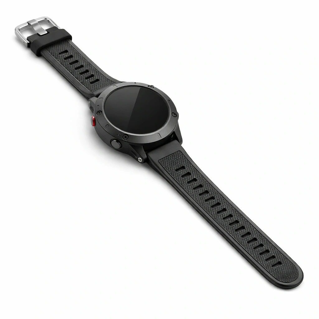 Black silicone watch strap for Garmin Forerunner 965 with textured finish and secure buckle