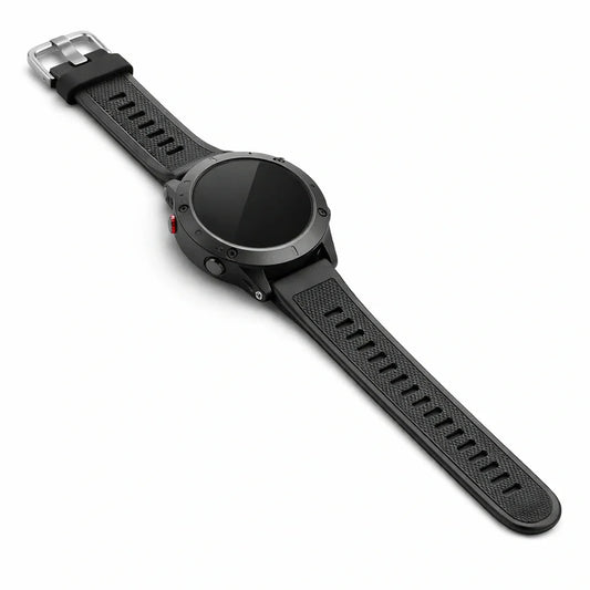 Black Garmin Fenix 8 silicone watch strap replacement band with textured design and secure buckle