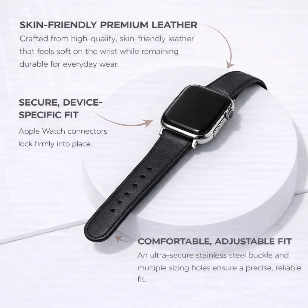 Black leather Apple Watch band highlighting skin-friendly leather and secure device-specific connectors.