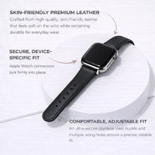 Black leather Apple Watch band highlighting skin-friendly leather and secure device-specific connectors.