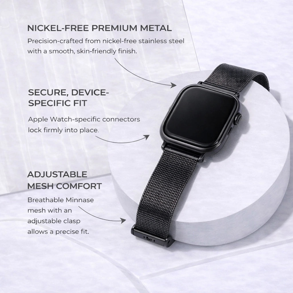 Black metal watch strap for Apple Watch highlighting secure fit and adjustable mesh comfort