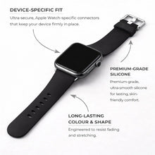 Black silicone Apple Watch strap showing device-specific connectors and premium silicone design
