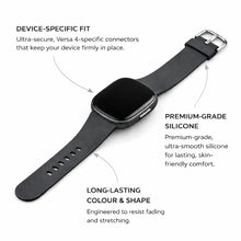Black silicone strap for Fitbit Versa 4 showing device-specific fit, premium material and long-lasting shape