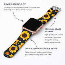 Black sunflower pattern silicone strap for Apple Watch showing device-specific connectors and durable fade-resistant design.