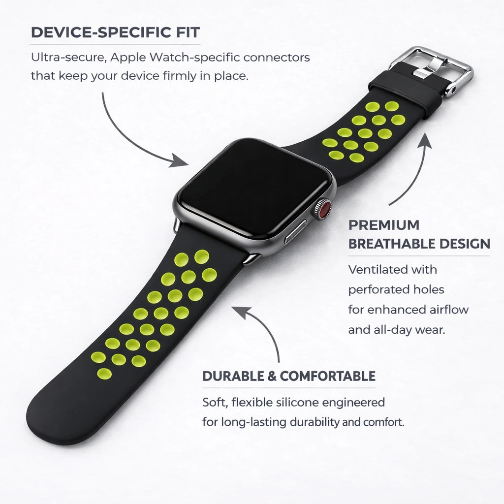 Black and yellow breathable sport strap for Apple Watch showing ventilated silicone design and secure device-specific connectors.