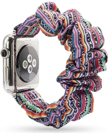 Bohemian scrunchie-style Apple Watch strap with colourful woven pattern and soft elastic fit