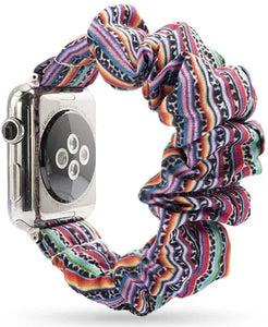 Bohemian scrunchie-style Apple Watch strap with colourful woven pattern and soft elastic fit