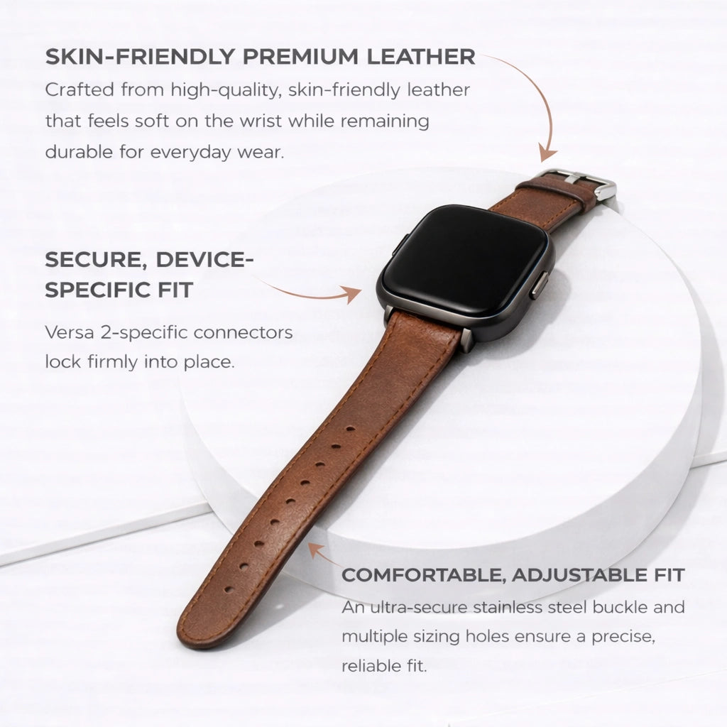 Premium brown leather watch strap for Fitbit Versa 2 with device-specific connectors and adjustable fit.