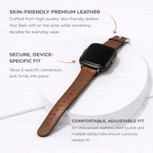 Premium brown leather watch strap for Fitbit Versa 2 with device-specific connectors and adjustable fit.