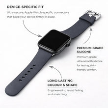 Dark grey silicone Apple Watch strap showing device-specific connectors, premium-grade silicone material, and long-lasting colour and shape.