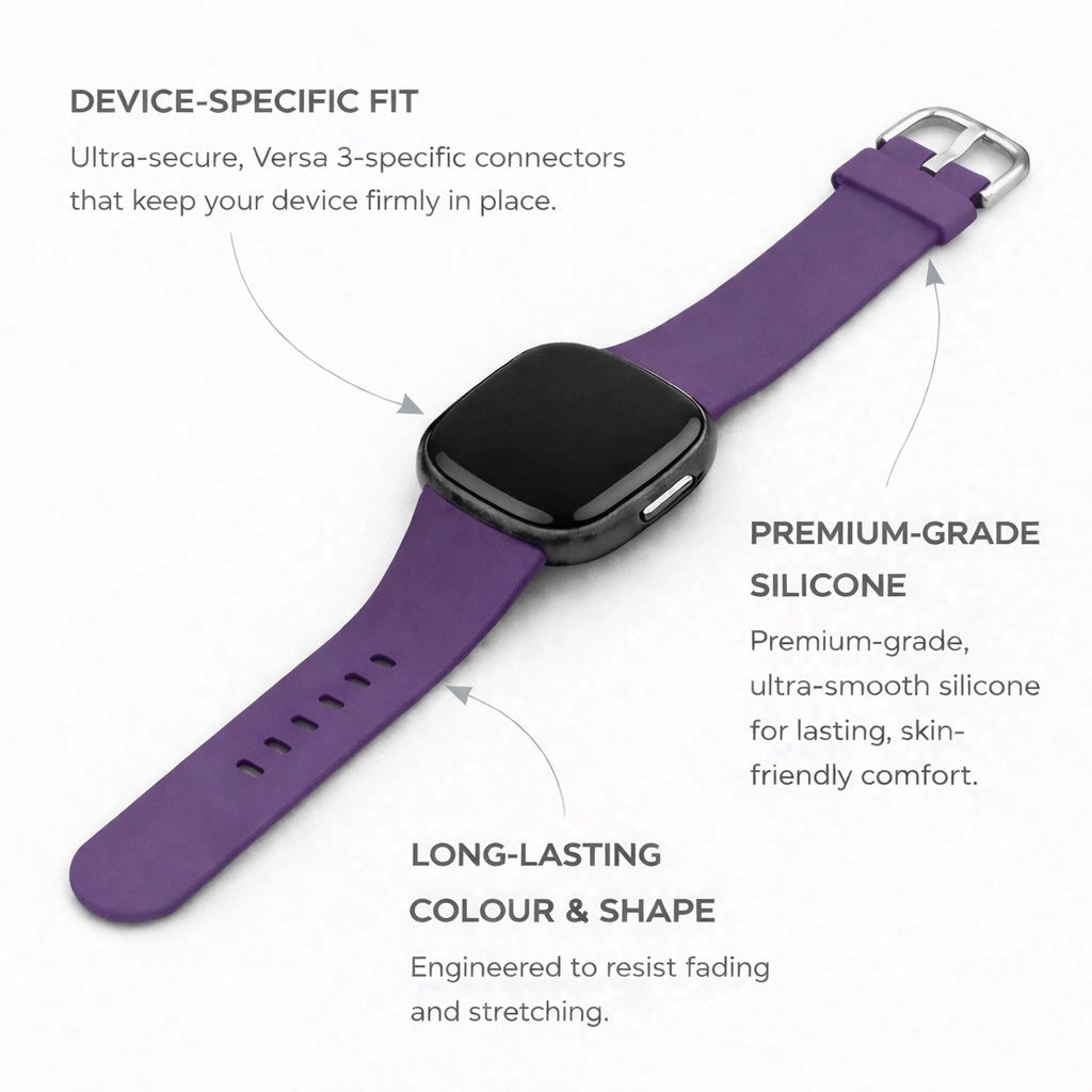 Dark purple silicone strap for Fitbit Versa 3 with device-specific fit and smooth, flexible finish