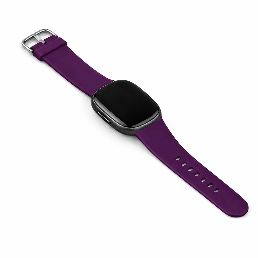 Dark purple silicone watch strap for Fitbit Sense 2 on white background