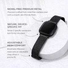Black mesh strap for Fitbit Sense 2 with nickel-free metal and secure device-specific fit
