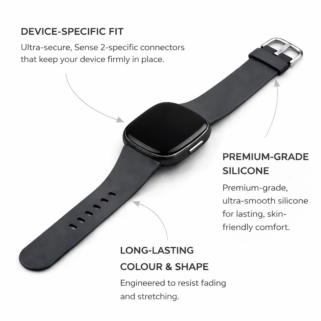 Black silicone strap for Fitbit Sense 2 showing device-specific fit and premium-grade material