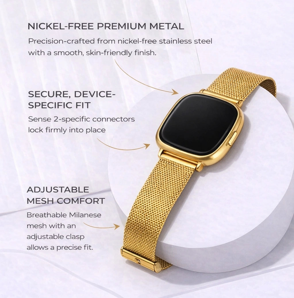 Gold metal strap for Fitbit Sense 2 with adjustable Milanese mesh and secure device-specific fit