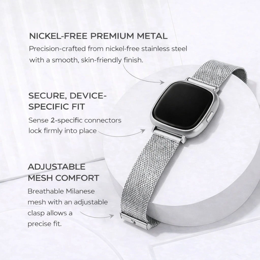 Silver mesh Fitbit Sense 2 strap with nickel-free stainless steel and secure device-specific fit