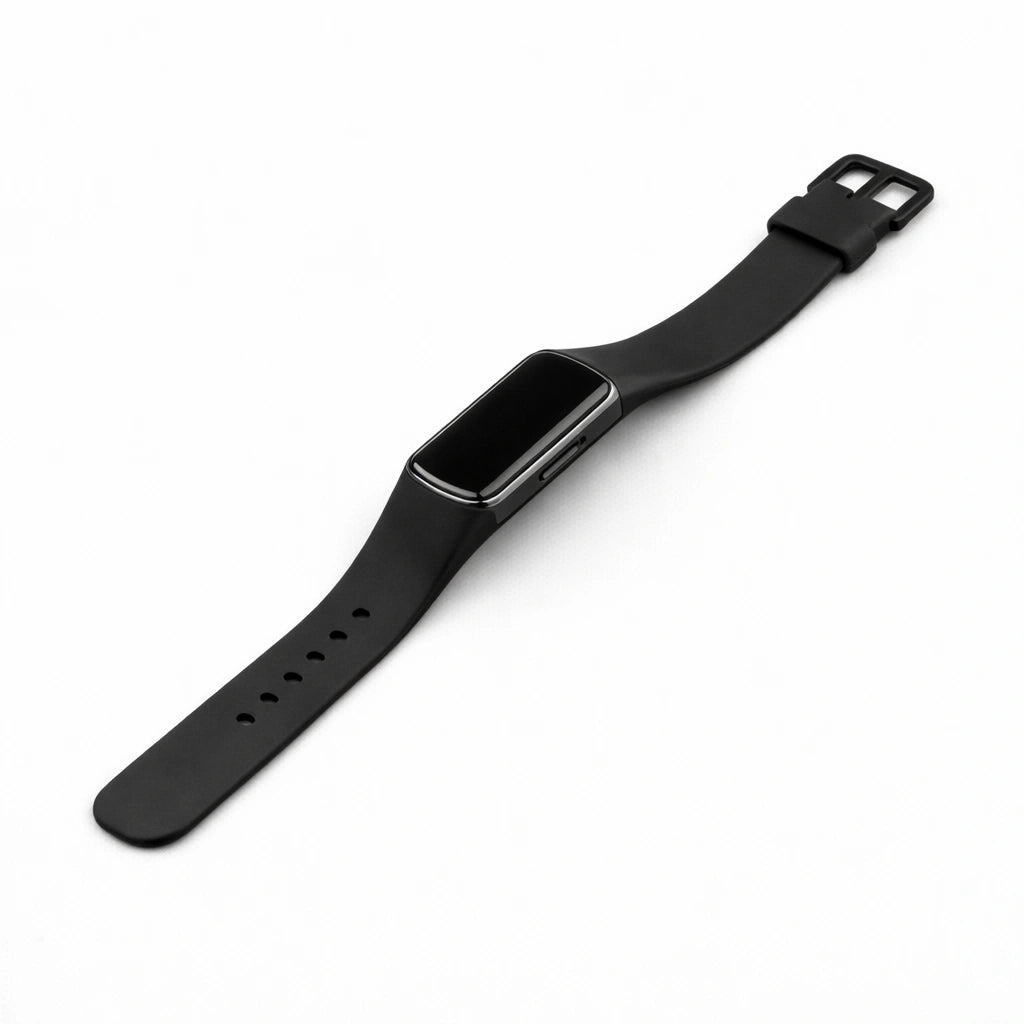 Black silicone band compatible with Fitbit Charge 5 on a clean background