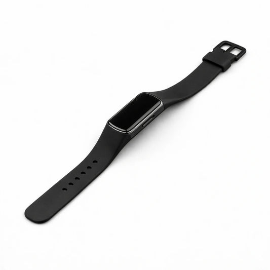 Black silicone band compatible with Fitbit Charge 5 on a clean background