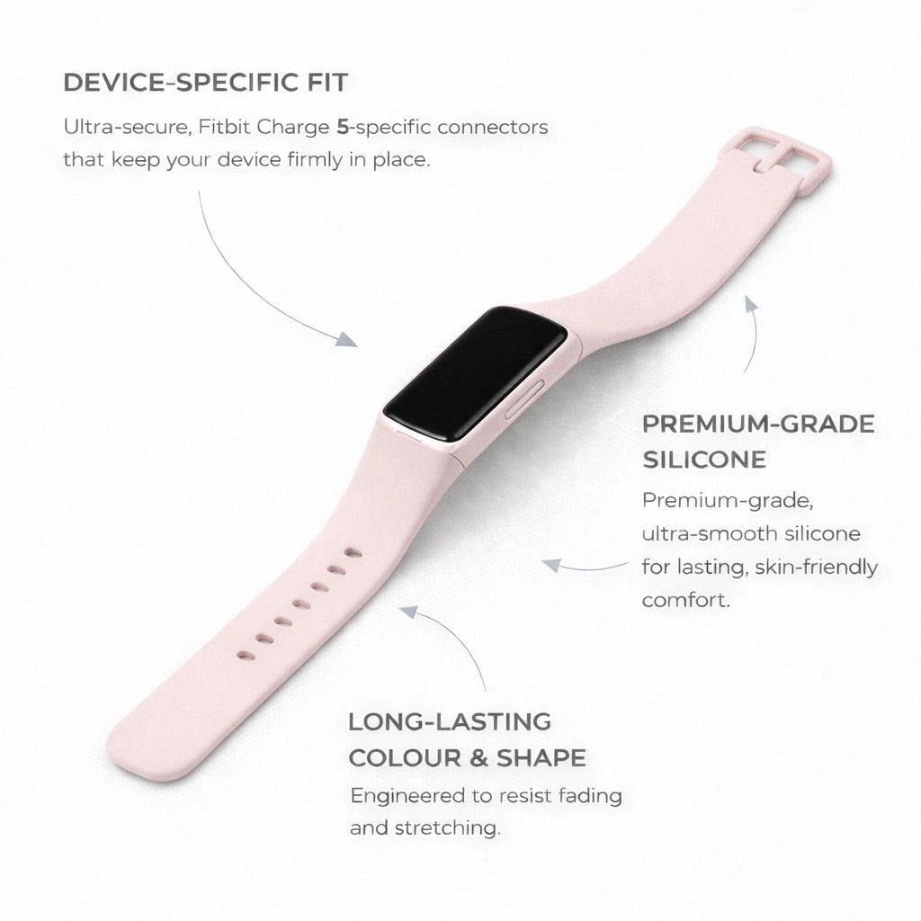 Light pink silicone band compatible with Fitbit Charge 5 on a clean background