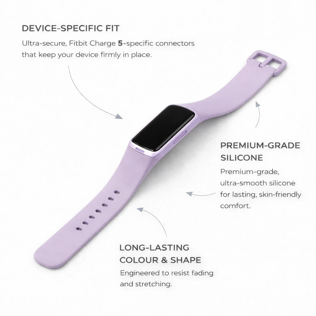 Light purple band for Fitbit Charge 5 showing secure fit and premium silicone material