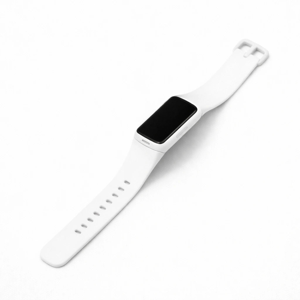 White silicone band compatible with Fitbit Charge 5 on a minimal background